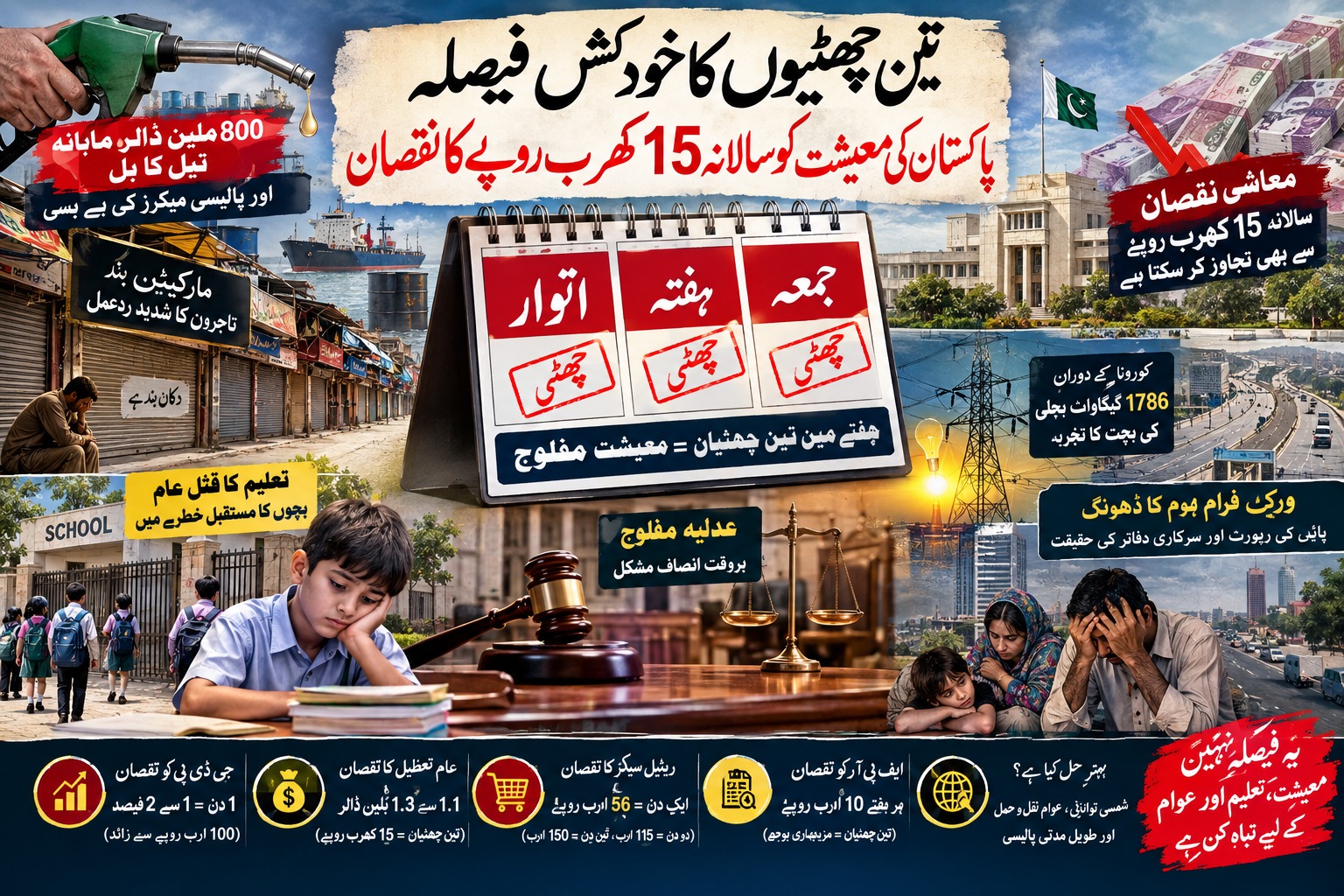 ہفتے میں تین چھٹیاں، پاکستان کو 15 کھرب روپے نقصان کا خدشہ