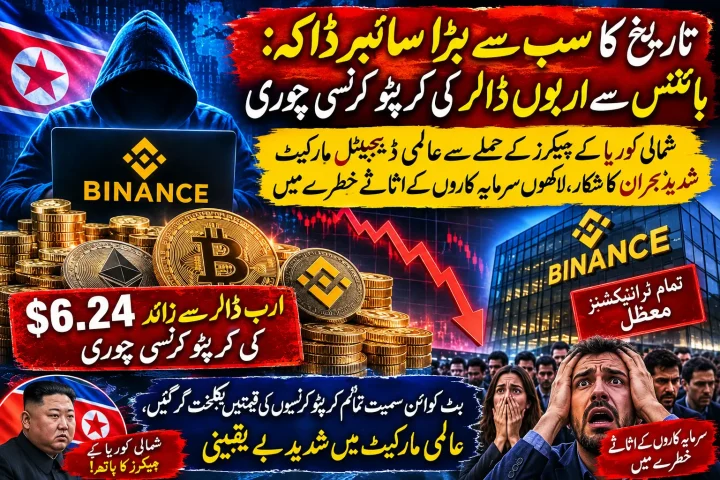 بائننس کے سائبر سیکیورٹی واقعے کی عکاسی کرتی تصویر، جس میں ڈیجیٹل والٹ، بٹ کوائن اور سائبر حملے کی علامتیں دکھائی گئی ہیں۔