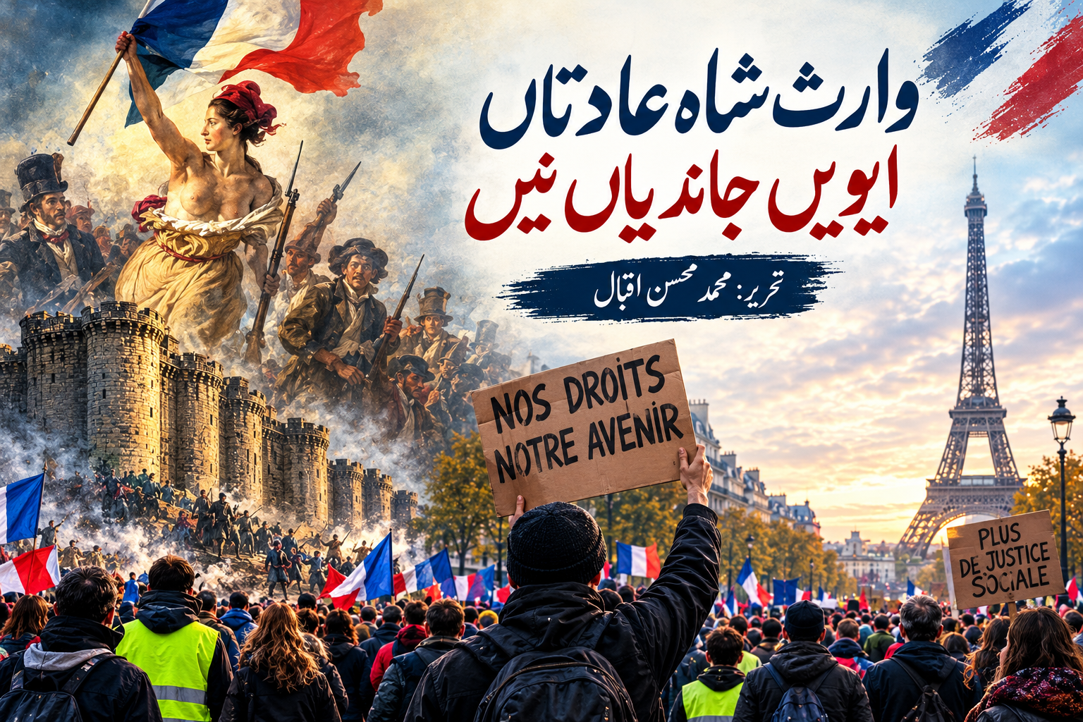 پیرس میں فرانسیسی پرچموں کے ساتھ عوامی مظاہرہ، جو فرانس کی احتجاجی روایت کی عکاسی کرتا ہے۔