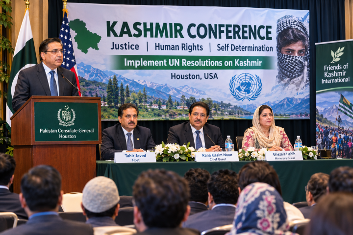 ہیوسٹن میں کشمیر کانفرنس کے دوران پاکستانی حکام اور مقررین اسٹیج پر موجود ہیں جبکہ پس منظر میں کشمیر کانفرنس کا بینر اور سامعین نظر آ رہے ہیں۔