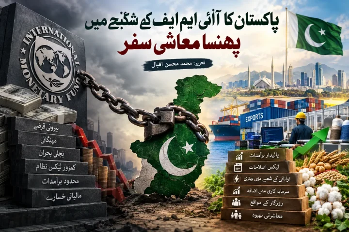 پاکستان کی معیشت، آئی ایم ایف کے قرضوں اور معاشی خودمختاری کے چیلنجز کی علامتی تصویر۔