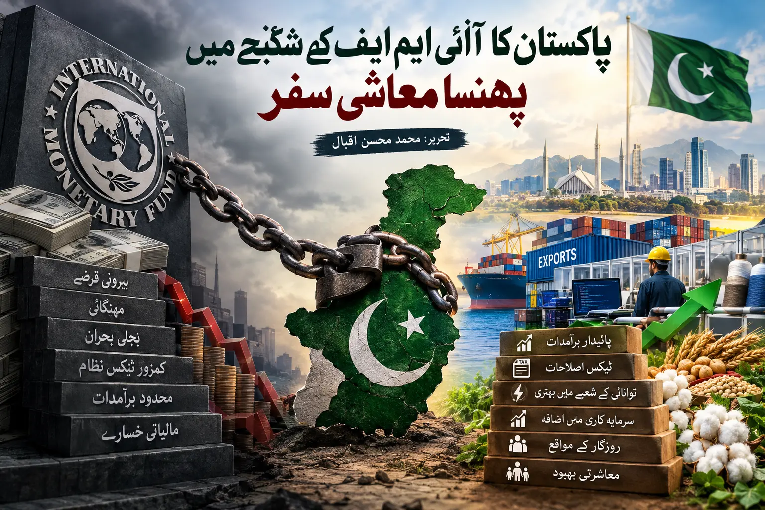 پاکستان کی معیشت، آئی ایم ایف کے قرضوں اور معاشی خودمختاری کے چیلنجز کی علامتی تصویر۔