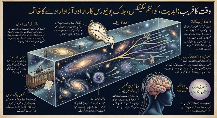 وقت، کوانٹم مکینکس، کائنات اور انسانی دماغ کی علامتی تصویر جو بلاک یونیورس اور آزاد ارادے کے تصور کو ظاہر کرتی ہے۔