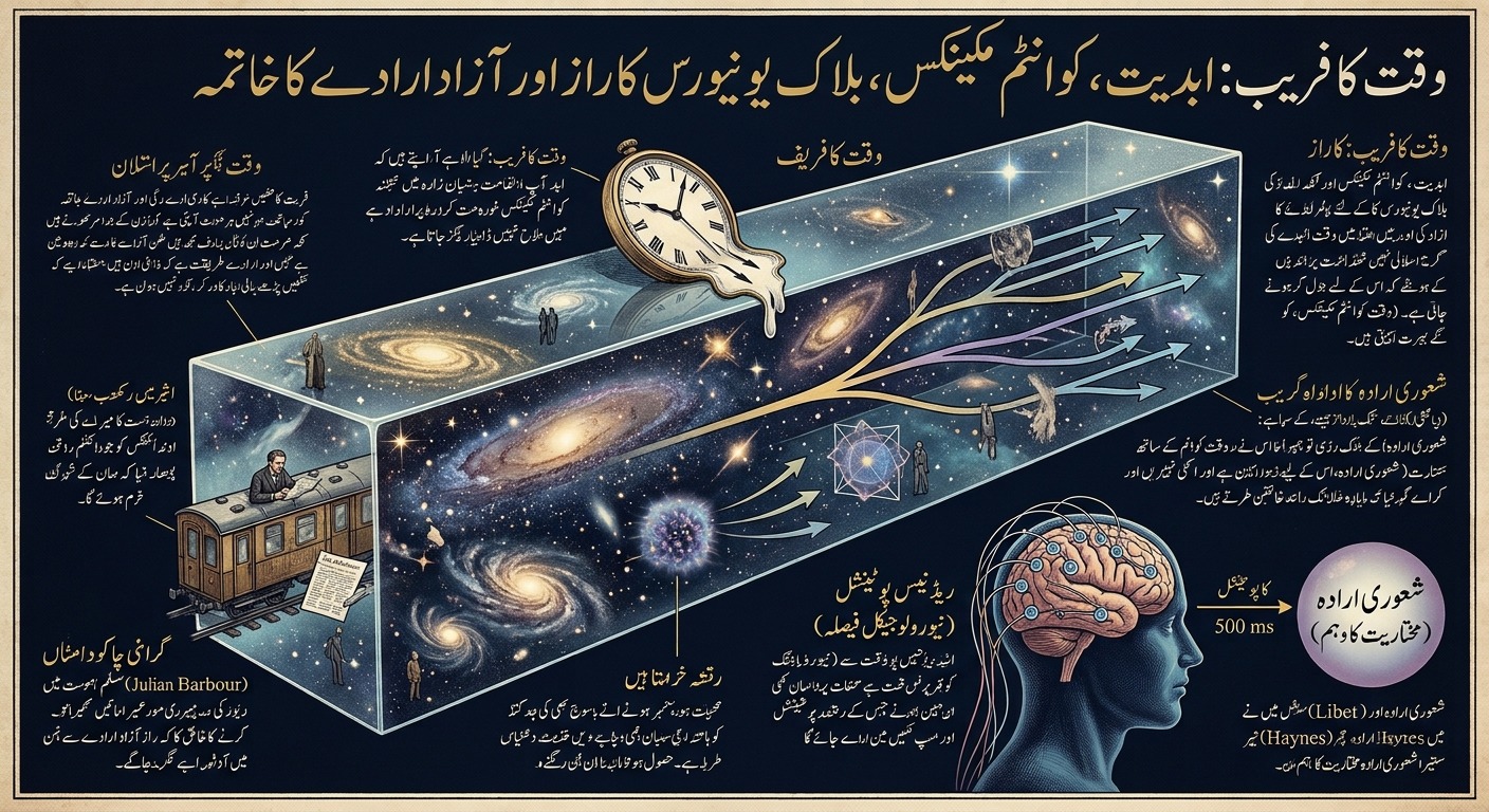 وقت، کوانٹم مکینکس، کائنات اور انسانی دماغ کی علامتی تصویر جو بلاک یونیورس اور آزاد ارادے کے تصور کو ظاہر کرتی ہے۔
